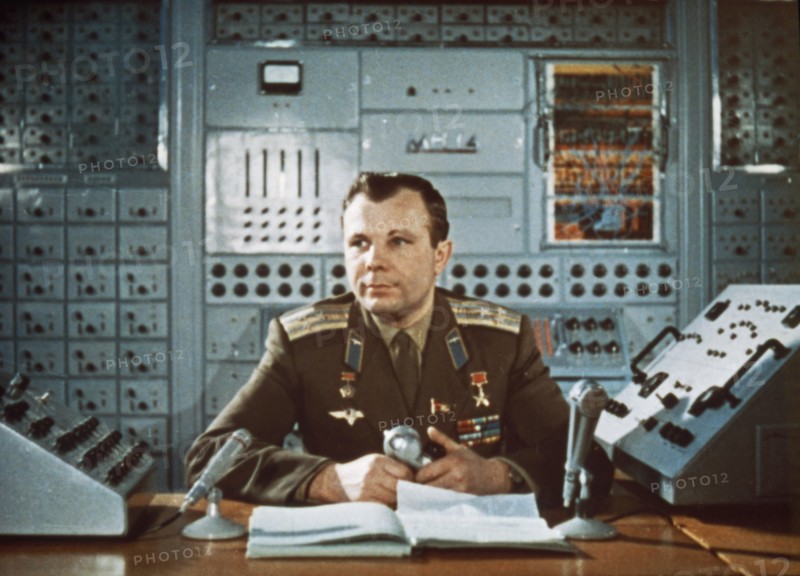 Yuri gagarin during a television broadcast in the early 1960's (after his flight).