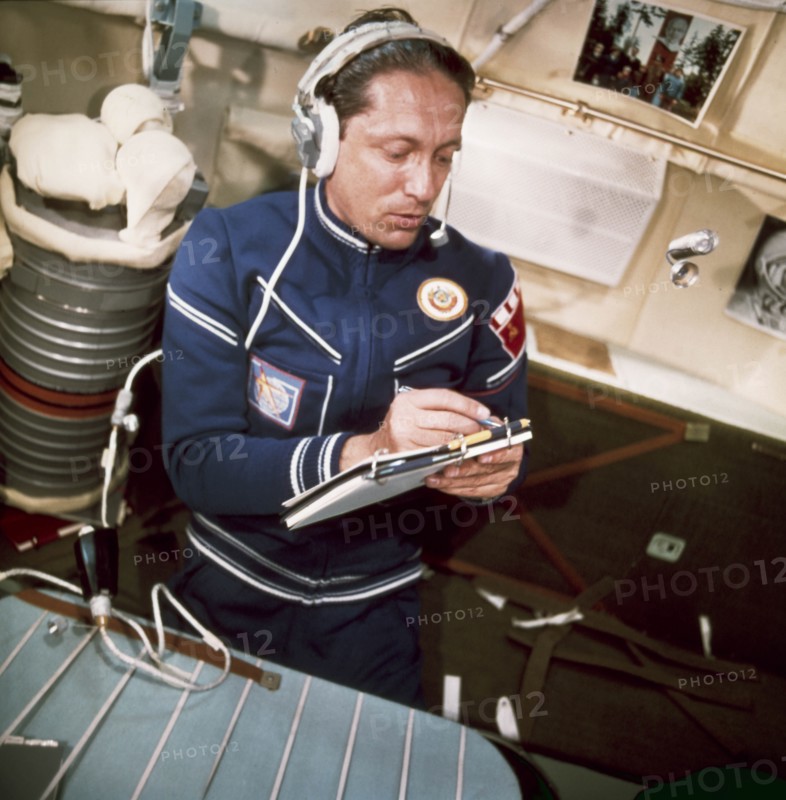 Soyuz 22, soviet cosmonaut vladimir aksyonov during communications with earth, 1976.
