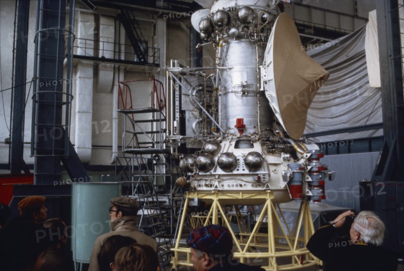 A working mock-up of the soviet venera 15 & 16 space probe during tests is on display for the press, 1983.