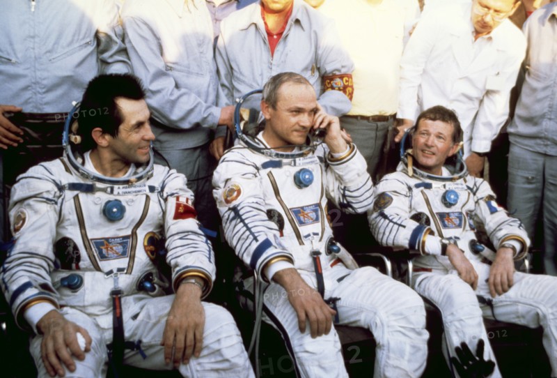 Salyut 7, soyuz t-6, cosmonauts aleksandr ivanchenkov, vladimir dzhanibekov, and jean-loup chrétien (france) during training, 1982.
