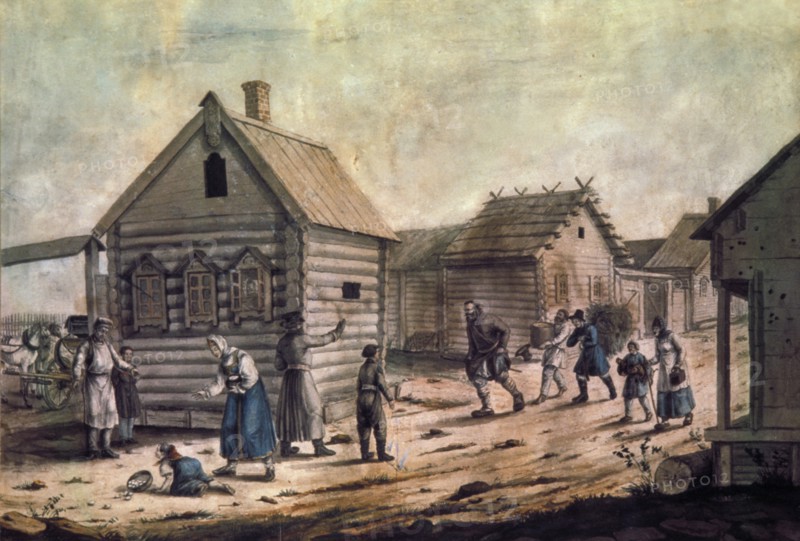 Arrival of the village mistress', a watercolor painting from the 1850s.