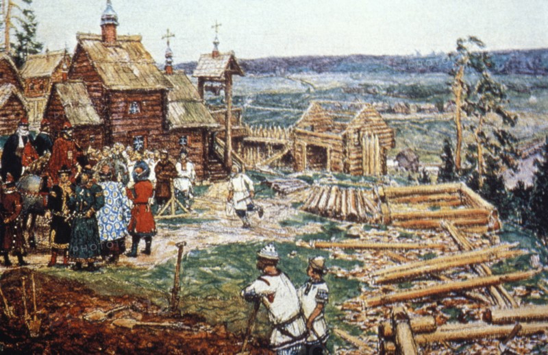 Depiction of the construction of the moscow kremlin out of logs under the reign of yuri dolgoruky in the 12th century.