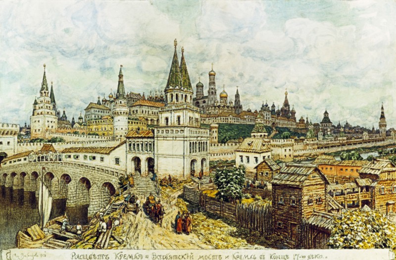 A painting of the all-saints bridge and moscow kremlin in the late 17th century by apollinari vasnetsov.