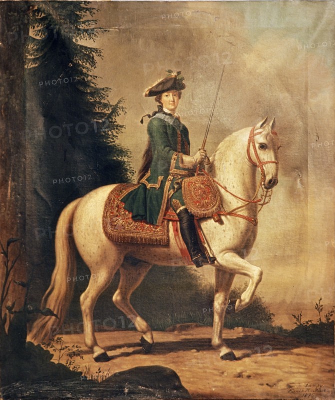 An 1875 copy of a painting of catherine the great on horseback by v, eriksen, 1762.