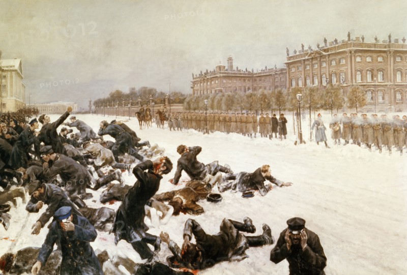 Bloody sunday, painting by i, vladimirov of tsar nicholas' troops shooting demonstrators outside of the winter palace in st, petersburg on january 22, 1905.