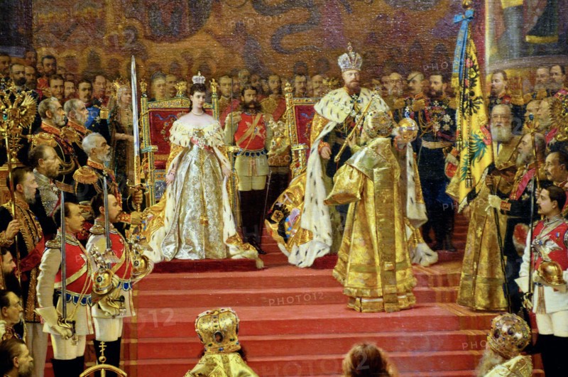 Fragment of 'the coronation ceremony of alexander lli and maria fyodorovna in the uspensky cathedral of the moscow kremlin' by george becker, the picture is on display at the exhibition 'emperor alexander lli and empress maria fyodorovna' opened at the manezh central exhibition hall.