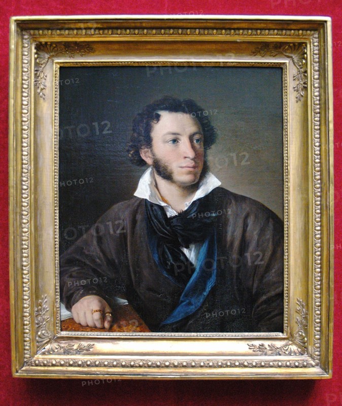 A portrait of alexander pushkin by vasily tropinin at the the state tretyakov gallery in moscow, russia.