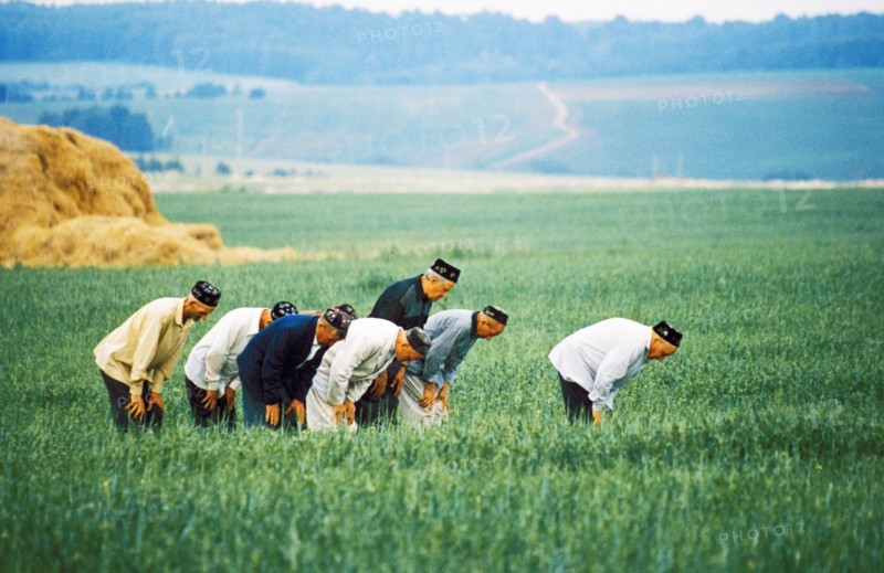 Muslim tatar farmers praying for rain, tatarstan, russia.