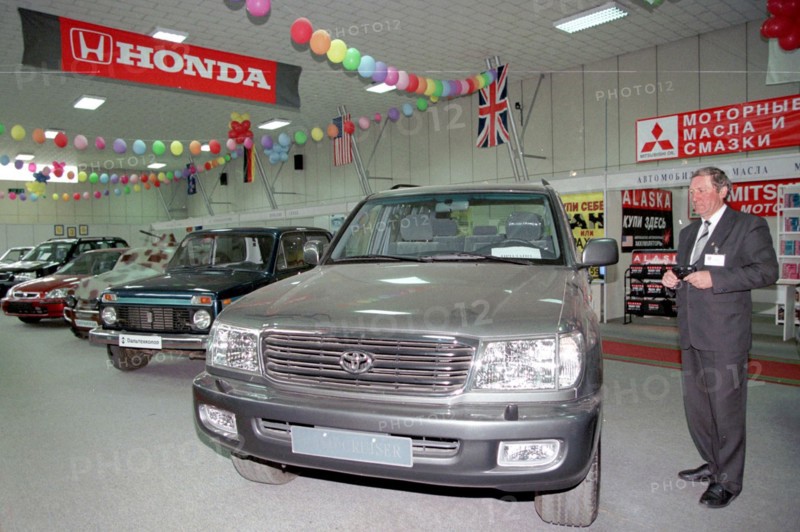Japanese cars for sale at summit motors car dealership in vladivostok, russia, may 1999.