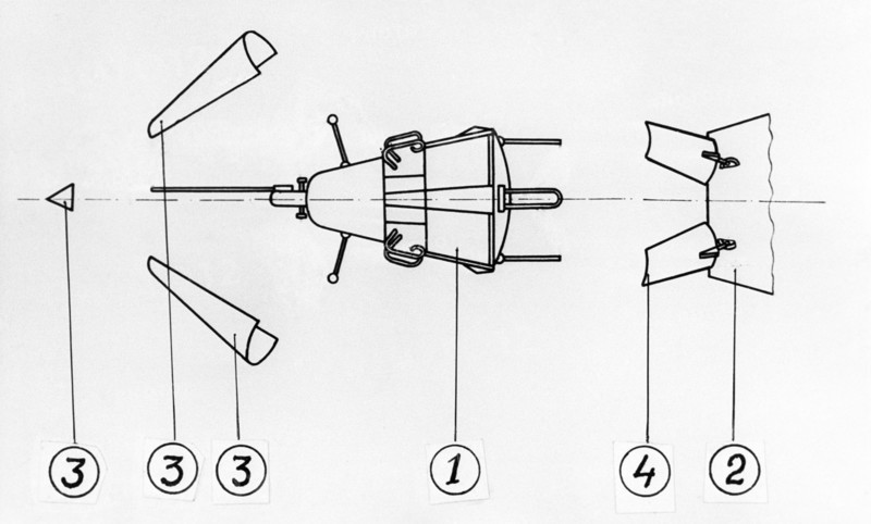 Moscow region, ussr, satellite separation, scheme: 1, satellite, 2, launch vehicle, 3, separating protection cone, 4, satellite flaps, 1958.