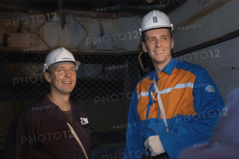 Norilsk, russia, march 21, norilsk nickel ceo mikhail prokhorov and companyi´s future ceo denis morozov, r-l, tour the oktyabrsky mine of the norilsk nickel.