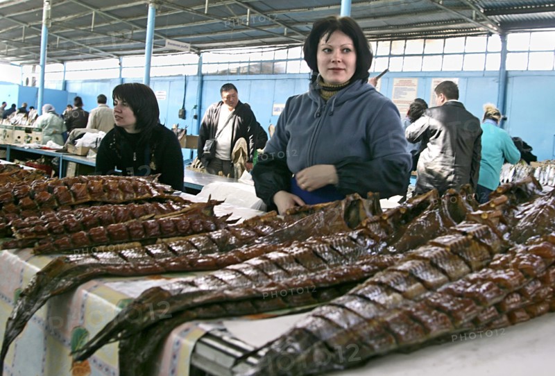 Astrakhan, russia, fish for sale in selenskie isady market, april 21, 2007.