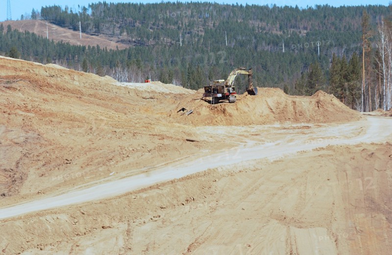 Zabaikalsky region, russia, may 6, 2008, at the construction site of the by-pass section of the federal highway a-166 chita-zabaykalsk near the bridge across the ingoda river.