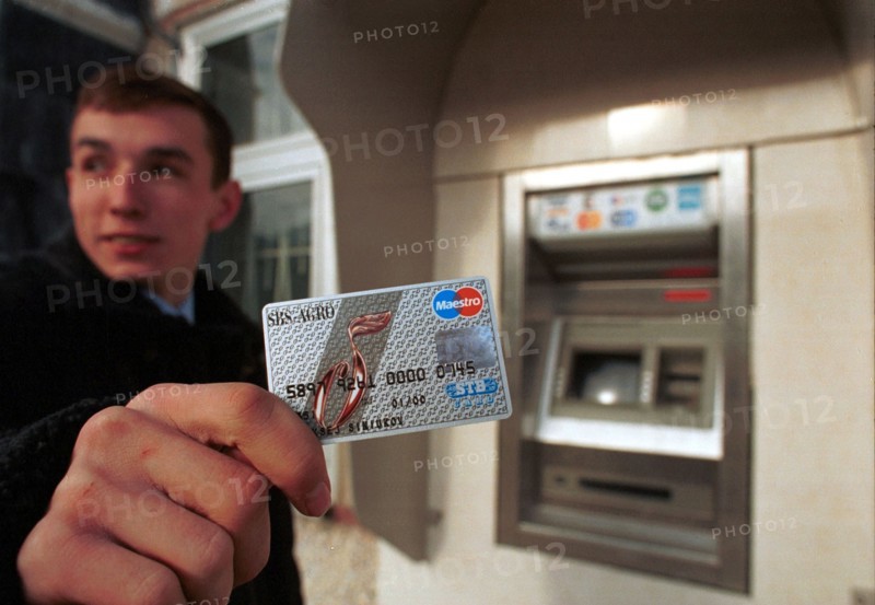 A cash dispenser (atm) in moscow city center, russia, 1998.