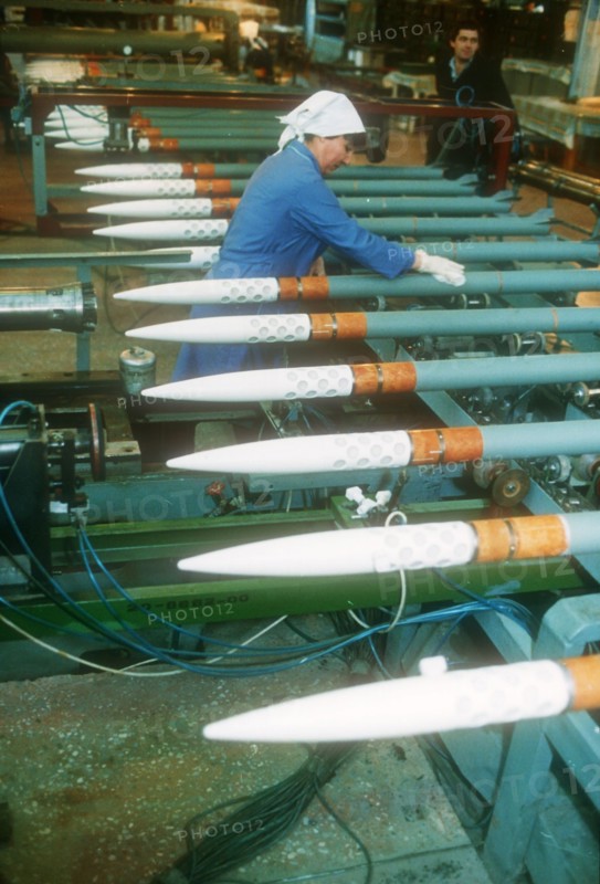Cheboksary, russia, 2000: v, chapayev production association, assembly of alazan and kristall anti-hail rockets (agricultural cloud seeding missiles).