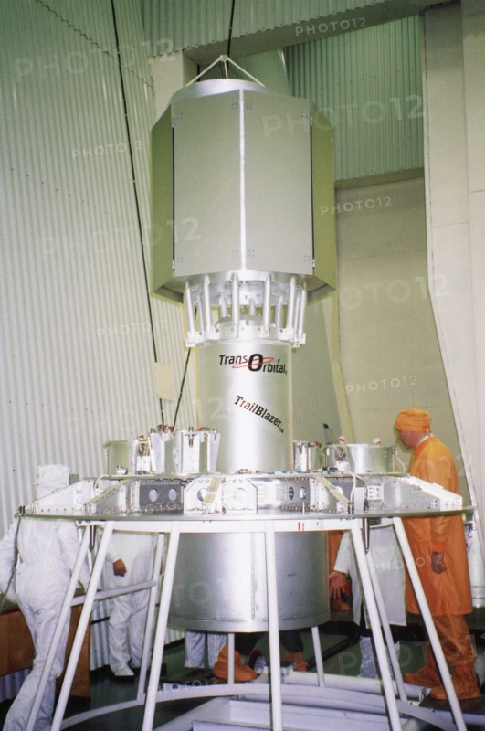 baikanur, kazakhstan, december 15 2002: model of a us space apparatus is prepared for the launch (in pic), together with five foreign satellites it is to be launched into orbit by a conversion missile-carrier 'dnepr-1', the launch is scheduled for december 20, (photo sergei kazak).