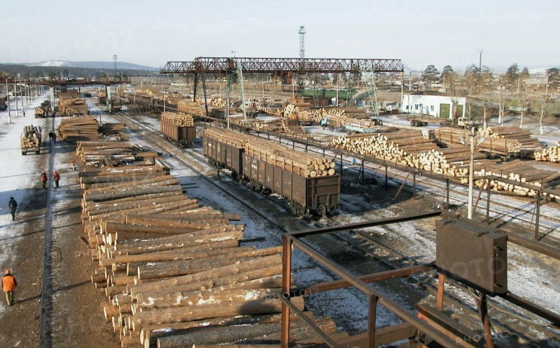 Siberian timber at freight yard 'taltsy' prepared for shipment to china, irkutsk region, russia, february 12 2003, more than a half of siberian timber comes from irkutsk region, about 70% of this timber go to china and around 24% - to japan.
