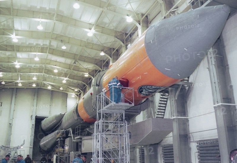 Arkhangelsk region, russia, march 31, 2003, a molniya-m space rocket pictured at the assembly and test complex of plesetsk cosmodrome, as preparations for the launch of the rocket have been completed here.