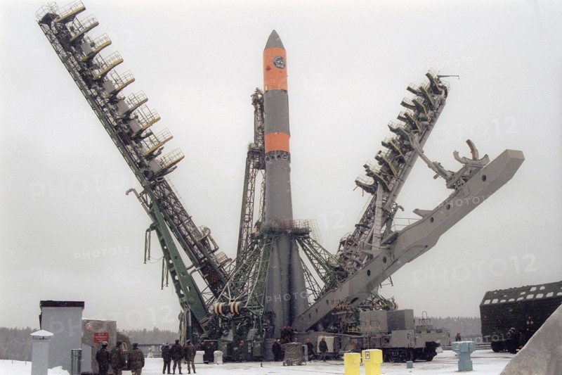 Arkhangelsk region, russia, april 2, 2003, molniya-m booster rocket pictured at a launching pad of the plesetsk cosmodrome shortly to its firing, russian space troops successfully launched the booster rocket with a military satellite early on wednesday.