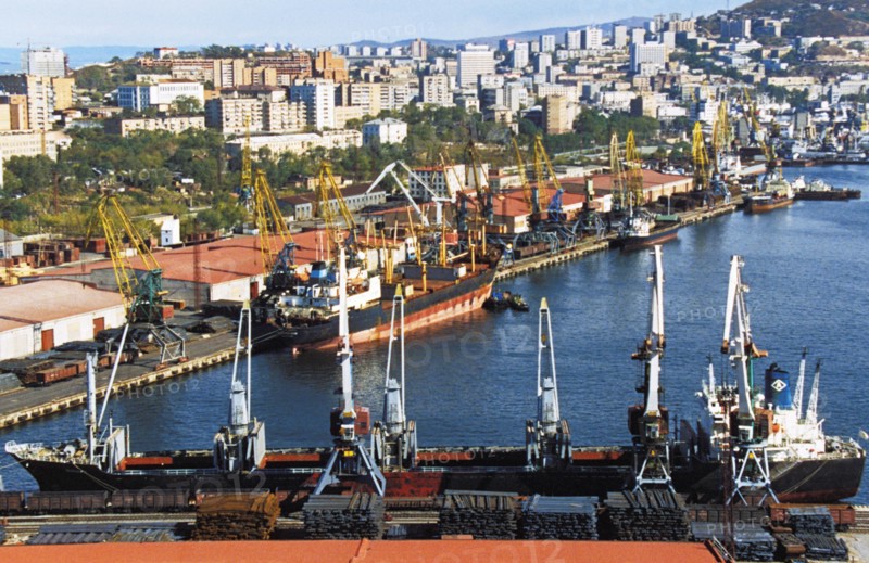 Shipping vessels in the port of vladivostok in russia.