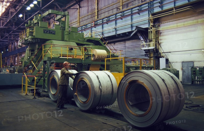 Steel rolling mill at the chelyabinsk metallurgical plant in ruslla, february 1998.