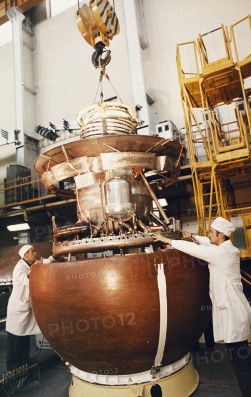 The descent module venera being assembled at the baikonur cosmodrome in preparation for the vega 1 & 2 space projects to be launched on december 15 & 21, 1984.