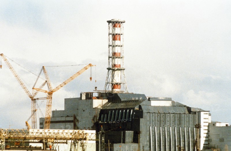 The sarcophagus of the unit 4 reactor, chernobyl aps, ukraine, ussr, june 1987.