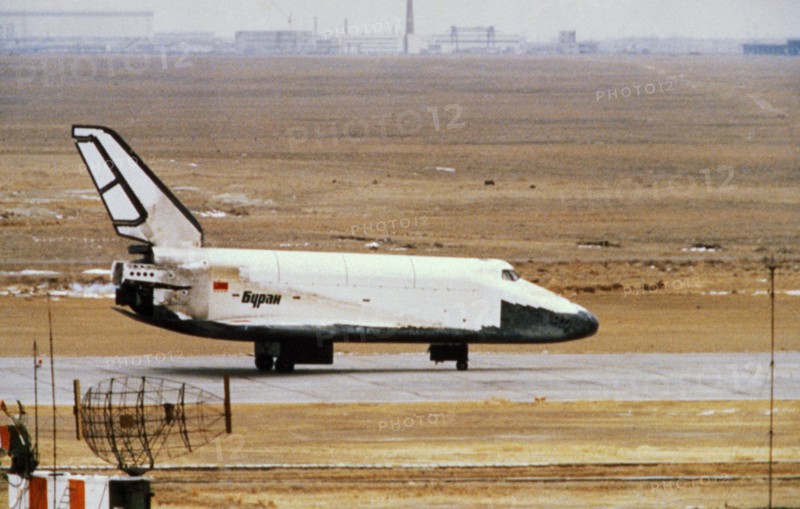 Soviet space shuttle buran after landing at the yubileiniy airfeild at baikonur in kazakhstan, ussr after an unmanned test flight, november 1988.