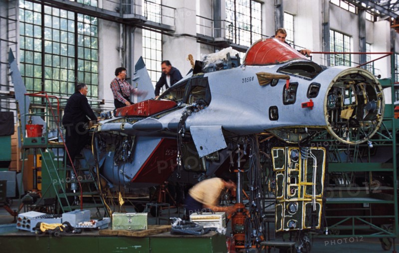 A mig-29 jet fighter plane being built at the moscow aviation association, russia.