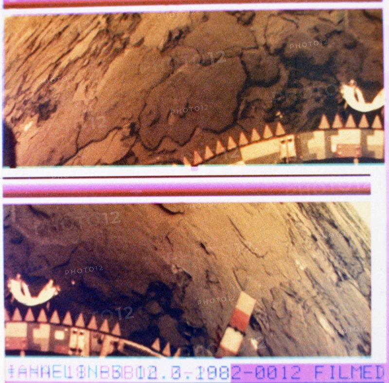 Pictures of the surface of venus taken by the soviet space probe, venera 14, 1982.