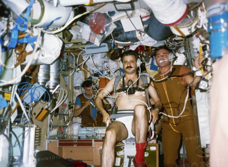 Soyuz tm-3, syrian cosmonaut mohammed faris undergoing tests aboard the mir space station, 1987.