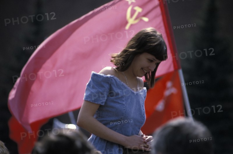 Young woman at a pro-communist rally in moscow in the early 1990s.