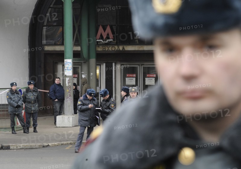 Moscow, russia, march 29, 2010, police officer in lubyanka square, outside lubyanka metro station, sokolnicheskaya line of the moscow underground, an explosion rocked the metro station at 7,52 during the rush hour killing more than twenty passengers.