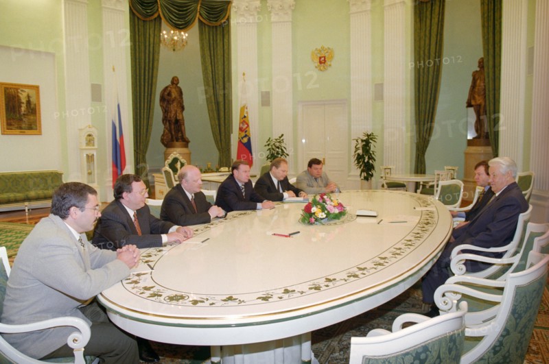 Moscow, russia, september 15, 1997, president of russia boris yeltsin meets with leading industrialists and bankers in the kremlin, mikhail khodorkovsky, vladimir gusinsky, alexander smolensky, vladimir potanin, vladimir vinogradov, mikhail fridman and head of the services of the russian president valentin yumashev are pictured at the meeting.
