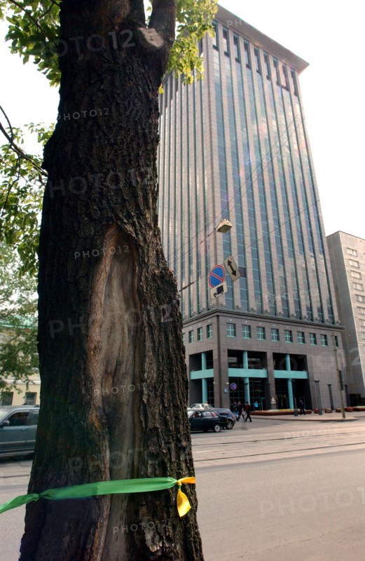 Moscow,russia, july 12, 2004, organizers of an action in support of 'yukos' decorated the poles along dubiniskaya street with yellow and green ribbons (the colours of the 'yukos' oil company).