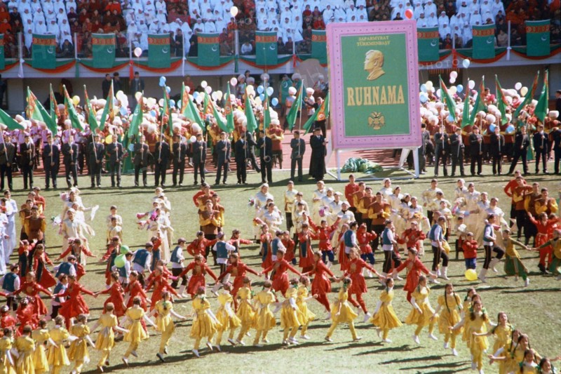 A theatrical performance at the olympic stadium in ashgabat celebrating the national flag day established in 1995 and the birthday of saparmurat niyazov 'turkmenbashi' president of turkmenistan who turns 65, february 20, 2005.