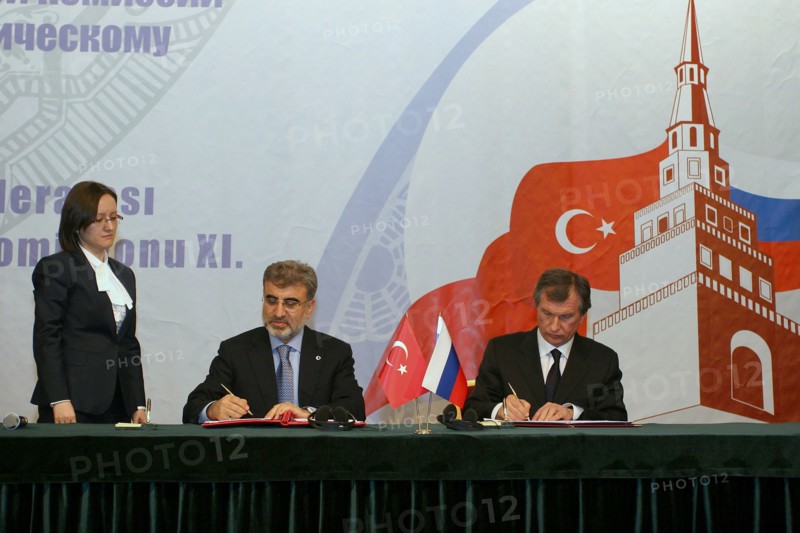 Kazan, russia, march 4, 2011, turkish energy minister taner yildiz and russian vice-prime minister igor sechin (l-r seated) during the signing ceremony at the 11th meeting of the russian-turkish interstate commission for trade and economic cooperation, the talks discussed gazprom's participation in the samsun-ceyhan pipeline project.