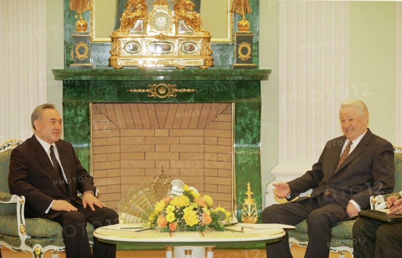Russian federation, moscow, russian president boris yeltsin met his kazakh president nursultan nazarbayev at noon on thursday, boris yeltsin determined the biletaral relations between russia and kazakhstan as 'eternal frienship' and at the same time he said thar there were some problems on caspian sea's status and baikonur cosmodrome rented by russia, boris yeltsin(r) and nursultan nazarbayev seen talking during their meeting on april 9, 1998.