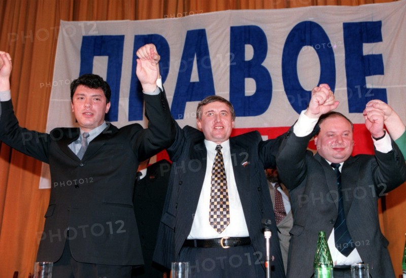 Moscow, russia, march 27, 1999, l to r are boris nemtsov, sergei yushenkov and yegor gaidar during the conference of the coalition of the democratic forces