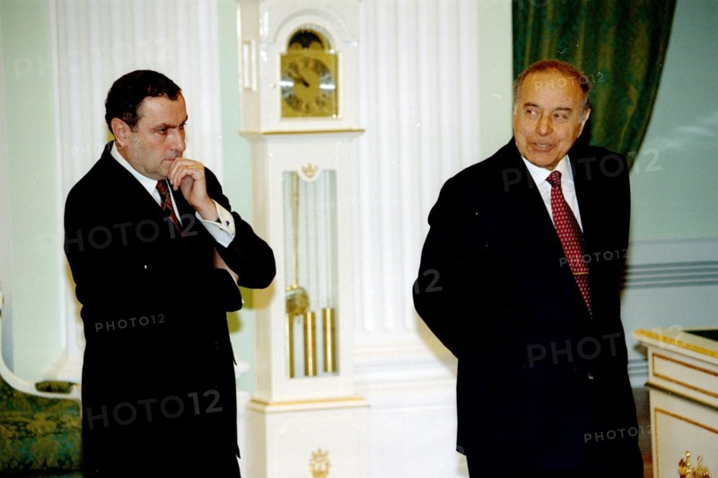 Picture is taken on may 17 before the sitting of the council of the cis countries - president of azerbaijan geidar aliyev /right/ and president of armenia levon ter-petrosyan : 'what is in store for us?', 1996.