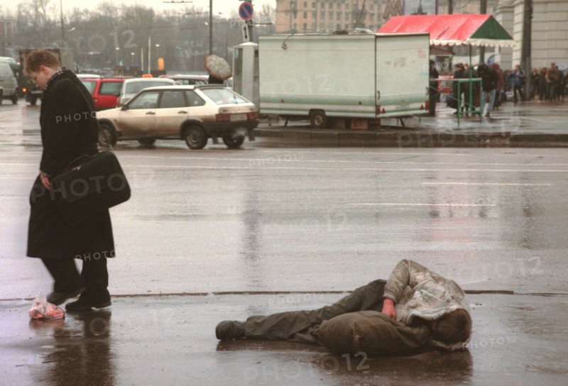 Homeless man on the streets of moscow, november 1998.