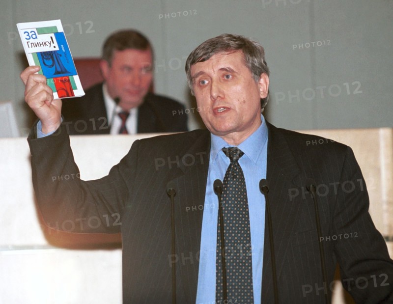 Moscow, russia, march 7, 2001, mp sergei yushenkov of the union of rightist forces proposes his variant of the russian anthem