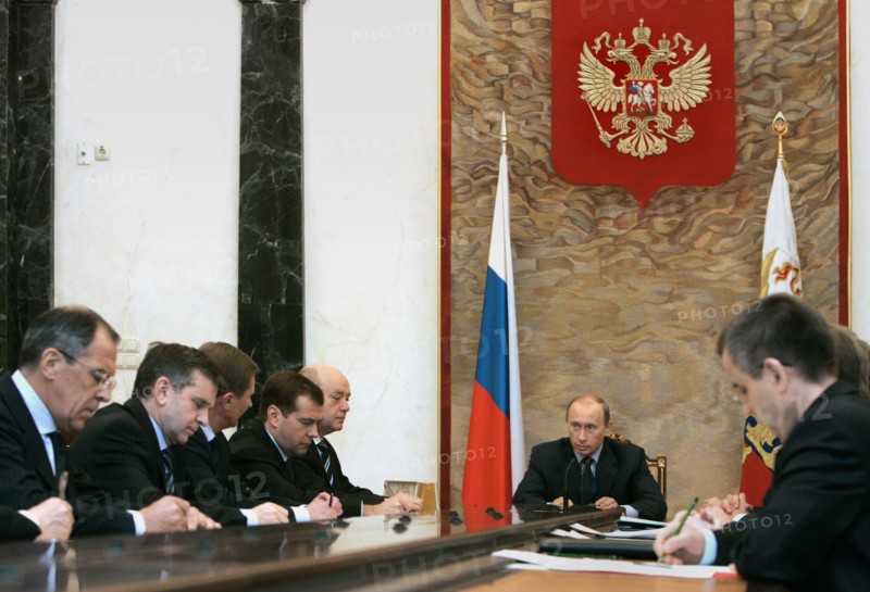 Foreign minister sergei lavrov, health and social development minister mikhail zurabov, defence minister sergei ivanov, first deputy prime minister dmitry medvedev, prime minister mikhail fradkov, russian president vladimir putin and minister of internal affairs of russia rashid nurgaliyev (l-r) appear at a meeting of president putin with cabinet ministers in the kremlin,  moscow, russia, january 15, 2007.
