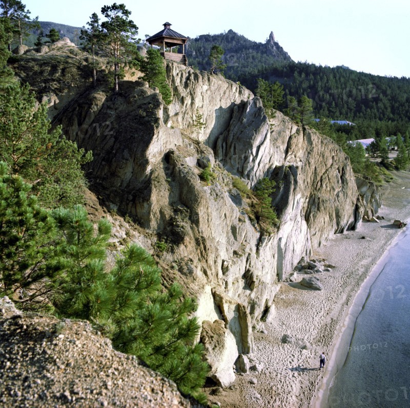 A cliff overlooking lake baikal,  irkutsk region, ussr, october 1979.