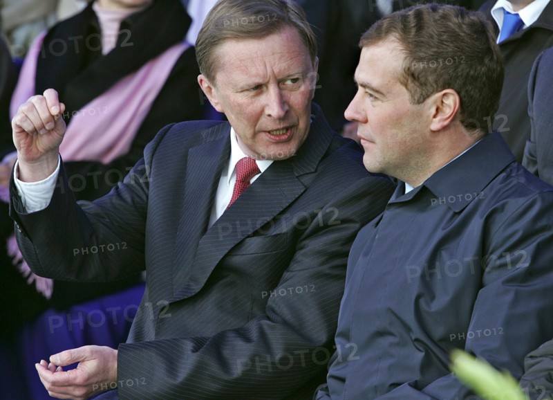 Russian first deputy prime ministers sergei ivanov (c) and dmitry medvedev outside the moscow city hall during celebrations marking the day of the city, moscow's 860th anniversary, moscow, russia, september 2, 2007.