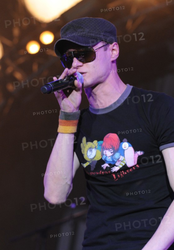 Vocalist of the ukrainian hip-hop band bumboks andriy hlyvnuk performs at the international rock festival maxidrom-2008 in the olympiysky sports complex,  june 14, 2008.