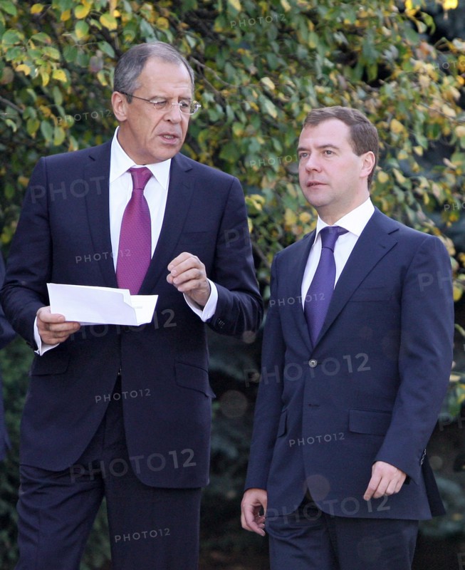 Russian president dmitry medvedev (r) and foreign minister sergei lavrov prior to a session of the 2008 summit of the eurasian economic community in bishkek, kyrgyzstan, october 10, 2008.