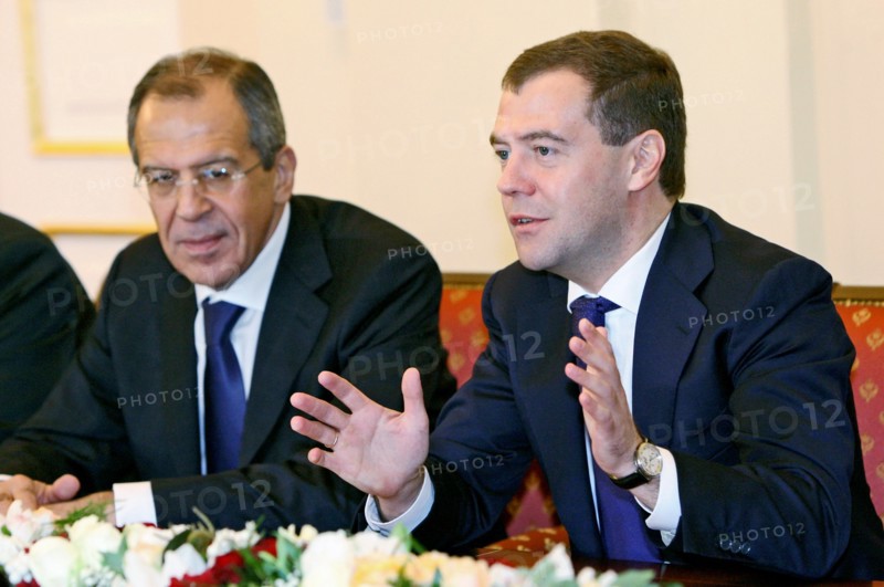 Russian president dmitry medvedev and russian foreign minister sergei lavrov (r-l) appear at the russian- armenian talks, yerevan, armenia, october 21, 2008.