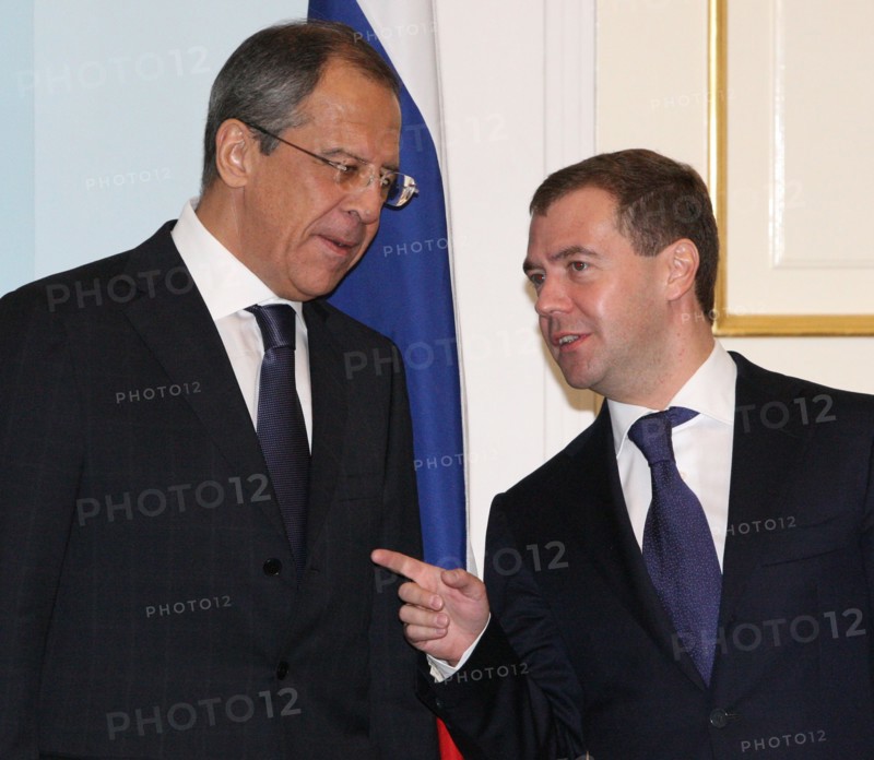 Russian president dmitry medvedev and russian foreign minister sergei lavrov (r-l) talk after the accomplishment of the russian- armenian talks, yerevan, armenia, october 21, 2008.