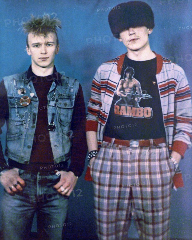 Moscow, russia, march 30, 2009, 'punk and lyubertsy gang member' by unknown hotographer on display at an exhibition of soviet underground photographers, entitled rowdies of the 80's, in manezh.